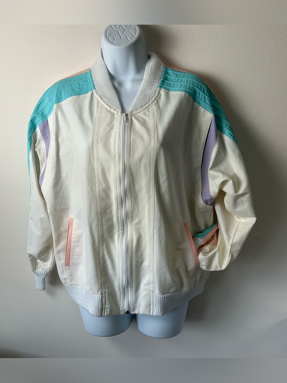 Vintage Bay Club Pastel Windbreaker Jacket Womens Tag Size 8 USA Zip 80's Bomber